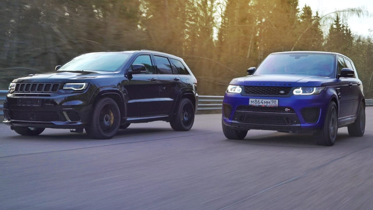 Range vs range. Range Rover SVR ACADEMEG. Гурам Jeep Trackhawk. Jeep SVR. Range Rover vs Nissan.